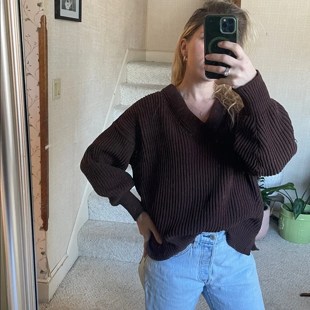 Aerie Beyond Chenille Rich Brown Slouchy Ribbed V-Neck Sweater